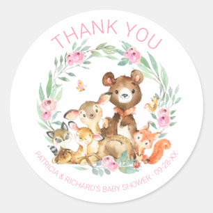 Sticker Rond Cute Woodland Animaux Baby shower verdoyant