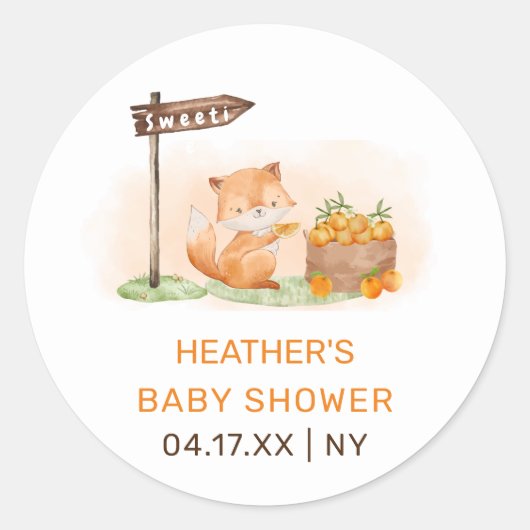 Sticker Rond Cute Woodland Fox Citrus Orange Farm Baby shower (Devant)