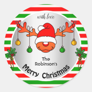 Sticker Rond Cute Xmas Reindeer Humour de rayures rouges et ver