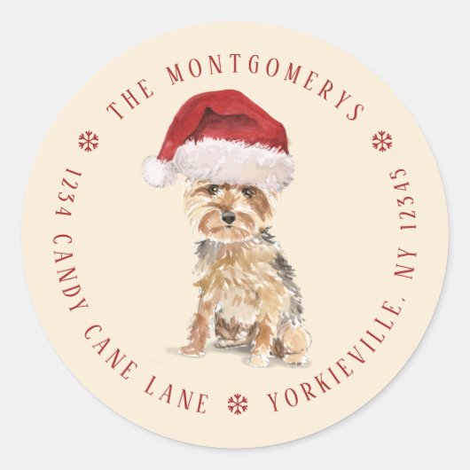 Sticker Rond Cute Yorkshire Terrier Noël Adresse de retour (Devant)
