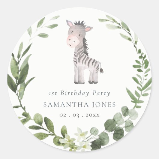Sticker Rond Cute Zebra Green Foliage Wreath Chaque année Anniv (Devant)