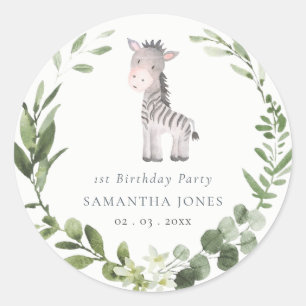 Sticker Rond Cute Zebra Green Foliage Wreath Chaque année Anniv