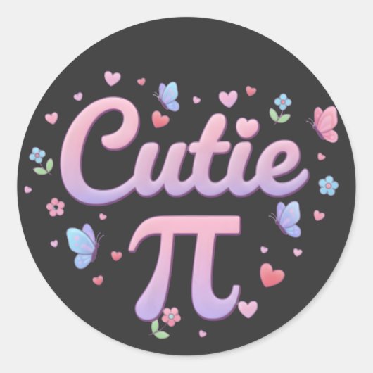 Sticker Rond Cutie Pi Symbol Math Pun Pink Butterfly Hearts (Devant)