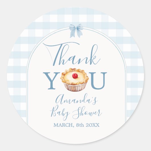 Sticker Rond Cutie Pie Bleu En vichy Baby shower Merci (Devant)