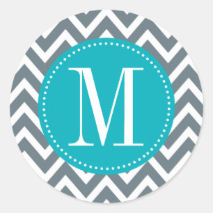Sticker Rond Cyan Blue et Grey Chevron sur mesure Monogramme