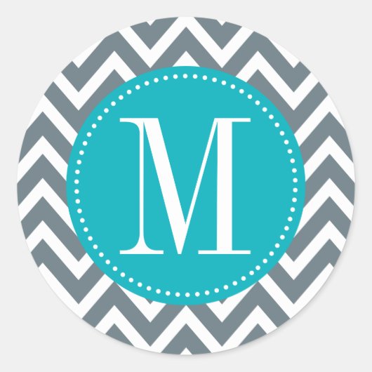 Sticker Rond Cyan Blue et Grey Chevron sur mesure Monogramme (Devant)
