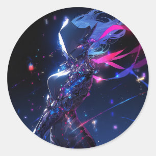 Sticker Rond Cyber-guerrière Futuriste Sci-Fi Anime Girl