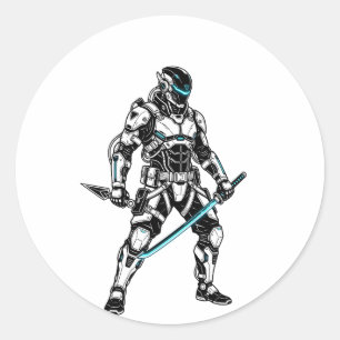 Sticker Rond Cyberpunk Mecha Shinobi Futuristic Cyber Ninja Gra