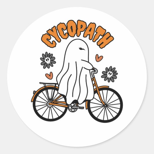 Sticker Rond Cycopath Halloween fantôme sur un vélo orange (Devant)