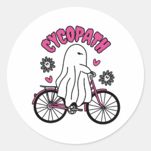 Sticker Rond Cycopath Halloween fantôme sur vélo rose
