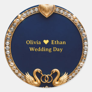 Sticker Rond Cygne de mariage avec cadre à bijou bleu
