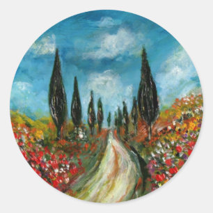 STICKER ROND CYPRÈS ET POPIES EN TOSCANE