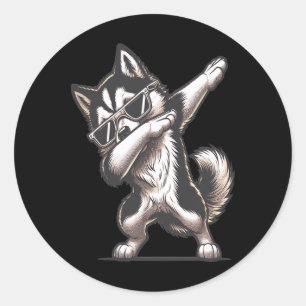 Sticker Rond Dab Alaskan Husky Dancing Dabbing Chien