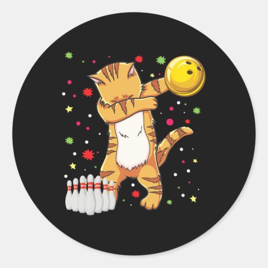 Sticker Rond Dabbing Cat Bowling Chemises Drôle Bowling Gift Ca (Devant)
