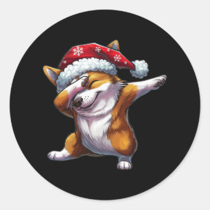 Sticker Rond Dabbing Corgi Santa Hat Noël Dab Dance Cadeaux