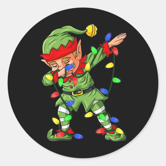 Sticker Rond Dabbing Elf Christmas Tree Lights Garçons Enfants (Devant)