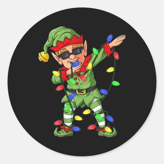 Sticker Rond Dabbing Elf Claus Christmas Tree Lights Garçons En (Devant)