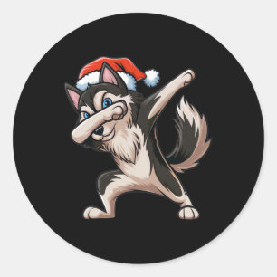 Sticker Rond Dabbing Siberian Husky Santa Hat Christmas Dab Dan