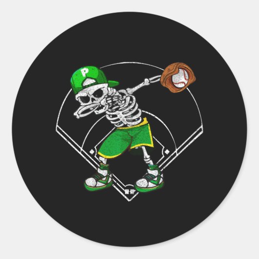 Sticker Rond Dabbing Skeleton Baseball Player Halloween Catcher (Devant)