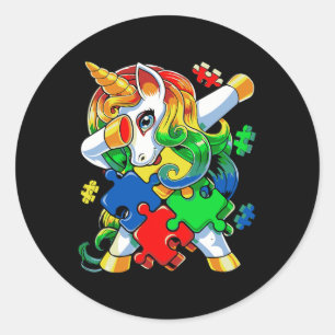 Sticker Rond Dabbing Unicorn Puzzle Piece Autism Awareness Cute