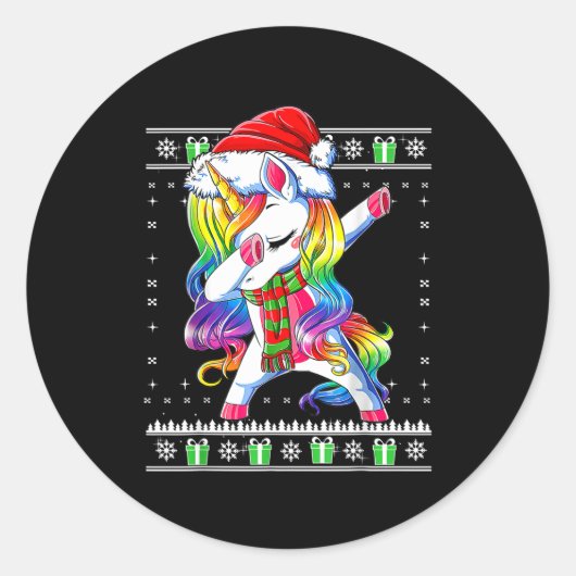 Sticker Rond Dabbing Unicorn Santa Sweater Christmas Ugly Kids (Devant)
