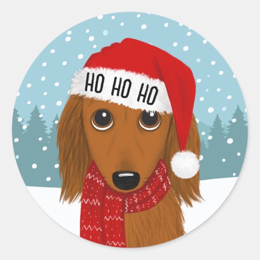 Sticker Rond Dachshund à cheveux longs Père Noël - Chien de Noë (Devant)