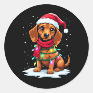 Sticker Rond Dachshund Arbre de Noël mignonne Santa Hat Lights