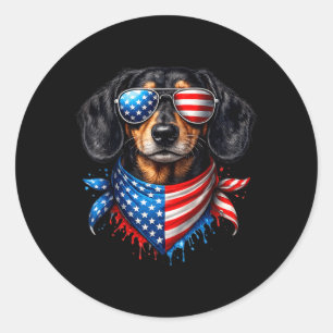 Sticker Rond Dachshund Bandana 4 juillet Patriote Amoureux des