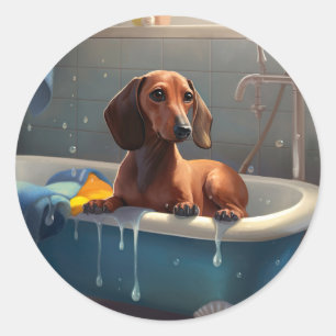Sticker Rond Dachshund Bathtime Fun