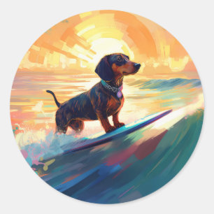 Sticker Rond Dachshund Beach Surf Peinture