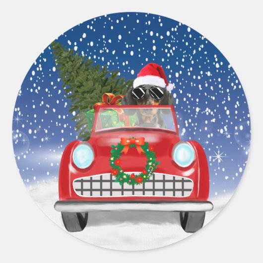 Sticker Rond Dachshund Chien Conduite Voiture En Noël De Neige (Devant)