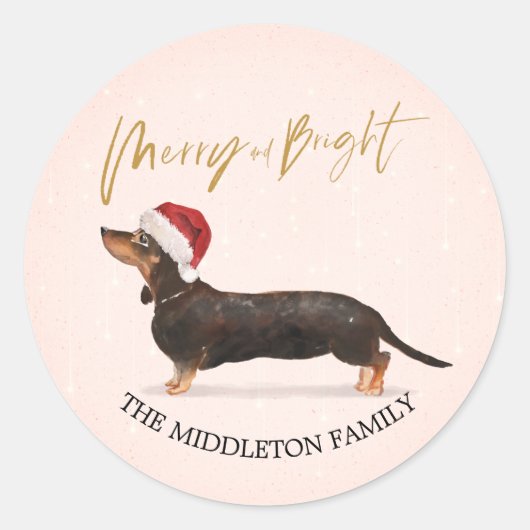 Sticker Rond Dachshund Chien de Santa Hat Joyeux Noël (Devant)