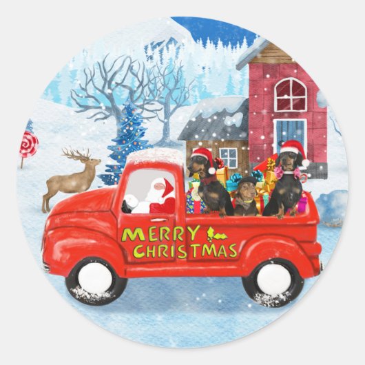 Sticker Rond Dachshund Chien en livraison de Noël Camion Neige (Devant)