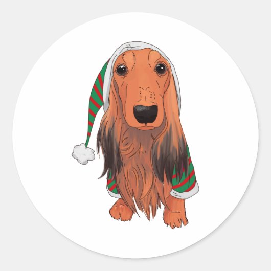Sticker Rond Dachshund de Noël - Rouge à cheveux longs (Devant)