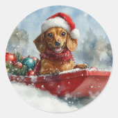 Sticker Rond Dachshund Dog in Sledge Let it neige Noël (Devant)