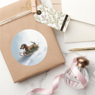 Sticker Rond Dachshund hiver neige de Noël