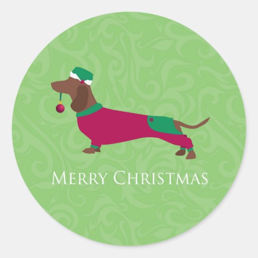 Sticker Rond Dachshund - Joyeux Noël Design (Devant)
