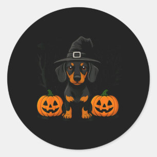 Sticker Rond Dachshund noir et feu Halloween Sorcière Squeletti