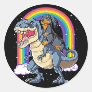 Sticker Rond Dachshund Riding Dinosaur T Rex Don Boys Kids Me