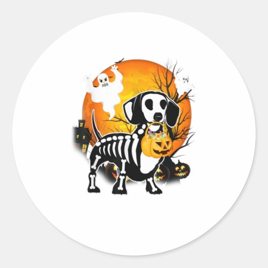 Sticker Rond Dachshund Skeleton Halloween Citrouille heureux (Devant)