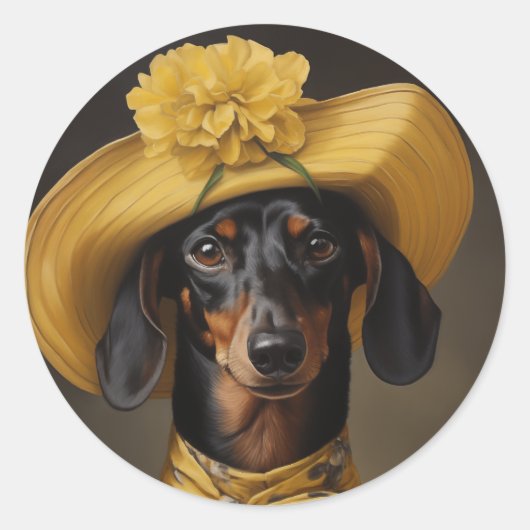 Sticker Rond Dachshund sophistiqué en jaune (Devant)