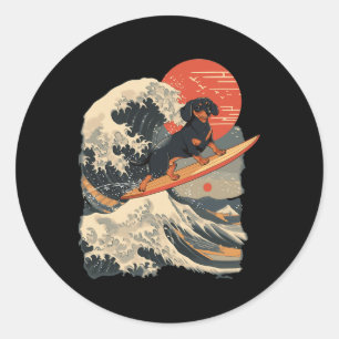 Sticker Rond Dachshund surfe sur la Grande Vague japonaise _1