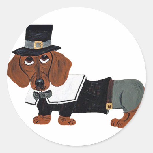Sticker Rond Dachshund Thanksgiving Pilgrim (Devant)