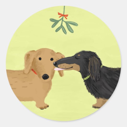 Sticker Rond Dachshunds Mistletoe Kiss | Chiens blancs de Noël (Devant)