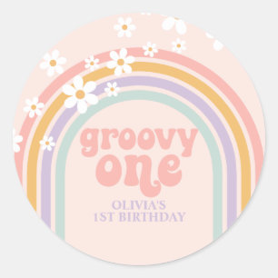 Sticker Rond Daisy Groovy One Pastel arc-en-ciel premier annive
