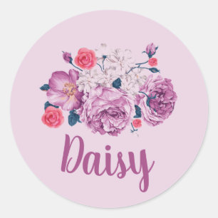 Sticker Rond Daisy Nom Fleur Personnalisé Fleur Vintage Rose Fi