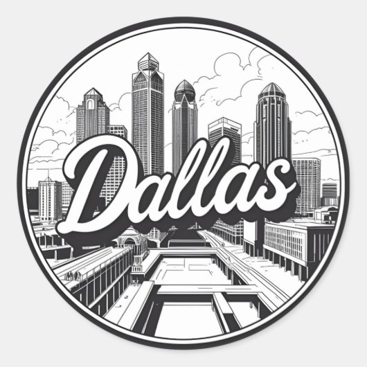 Sticker Rond Dallas Texas Skyline Paysage urbain noir et blanc (Devant)