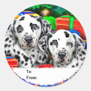 Sticker Rond Dalmatie Noël Open Cadeaux Tags cadeaux