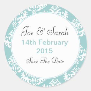 Sticker Rond Damas Bleu & Blanc Enregistrer la date Mariage Sti