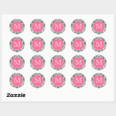 Sticker Rond Damas Monogramme noir rose vert (Feuille)